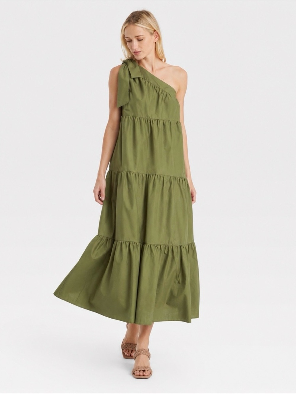 Who What Wear One-Shoulder Tiered Maxi Dress in Olive